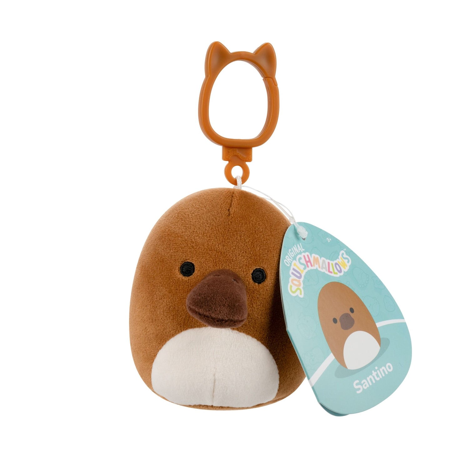 Santino the brown platypus Squishmallows plush clip with white belly and orange cat-ear clip