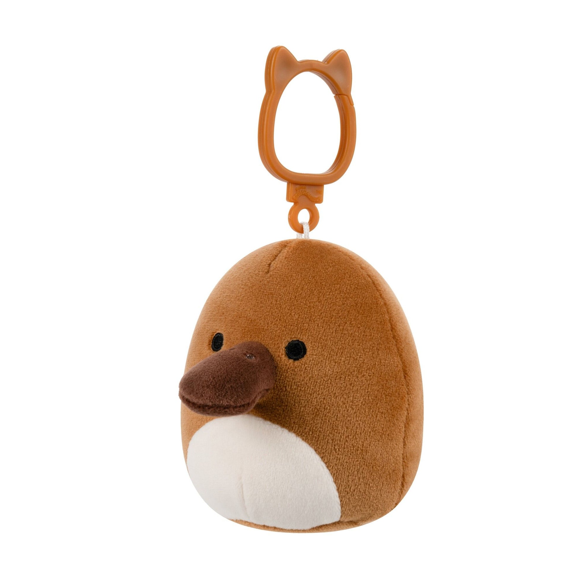 Squishmallows brown plush platypus clip with white belly and orange cat-eared clip