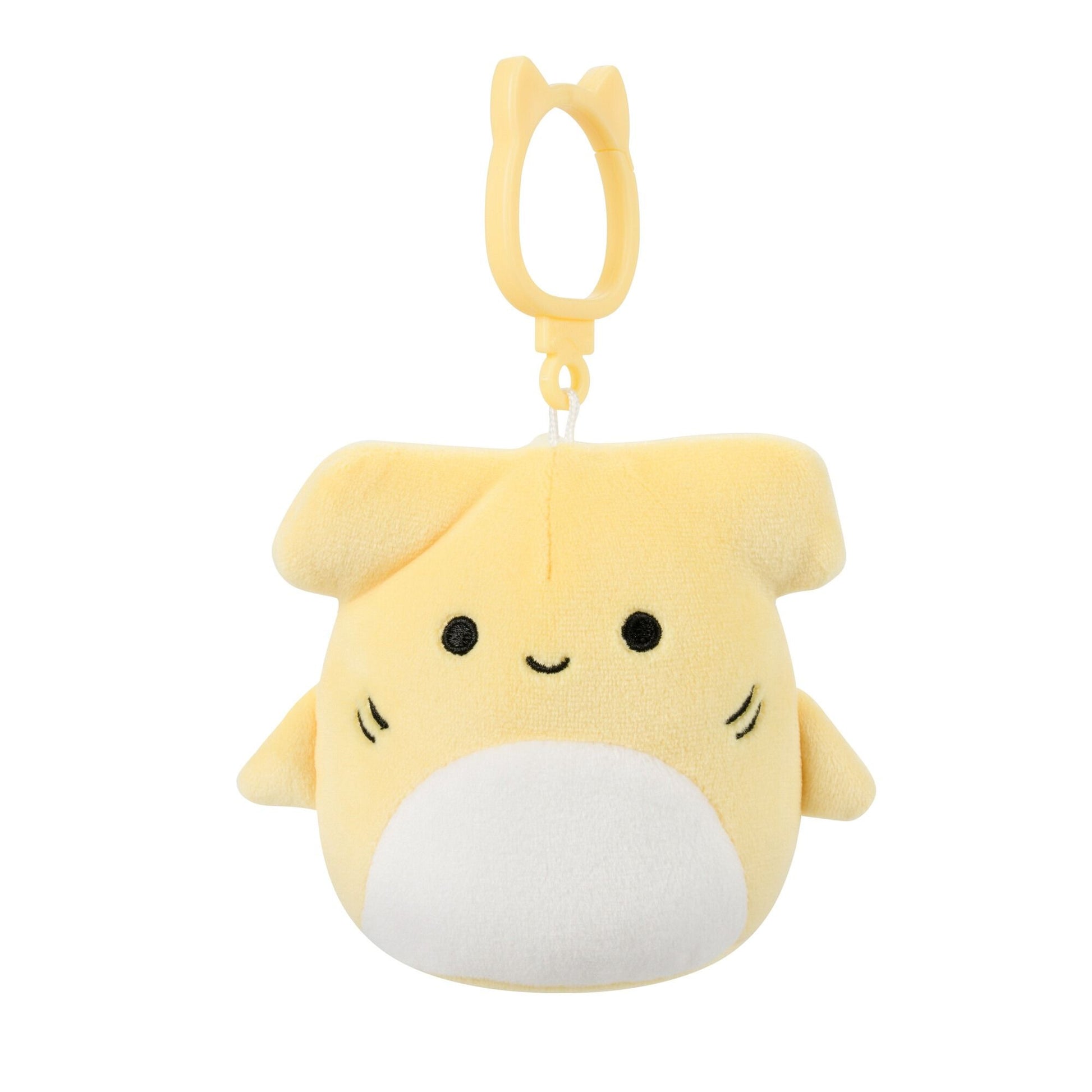 Yellow hammerhead shark plush keychain with black eyes, smile, white belly, and side whiskers