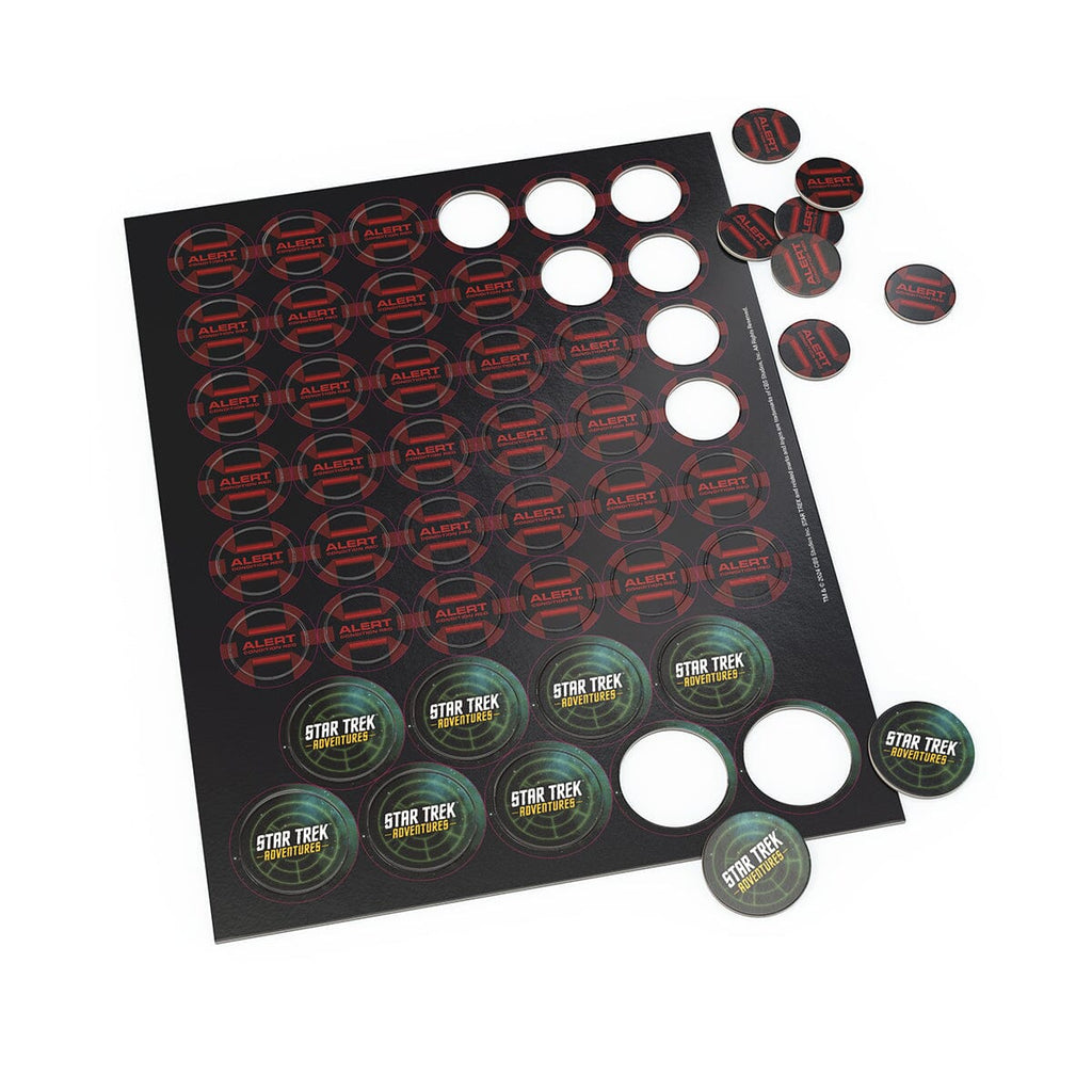 Star Trek Adventures game tokens: a sheet with red ALERT and green STAR TREK ADVENTURES tokens, some punched out