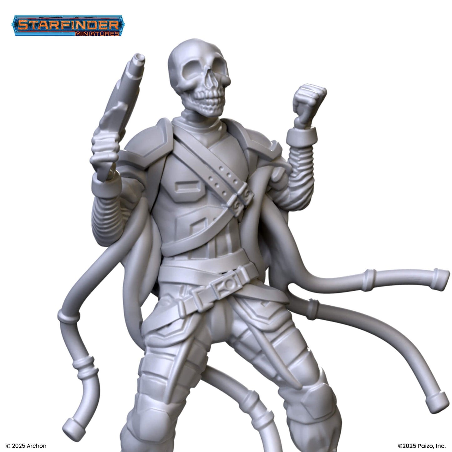 Unpainted Starfinder miniature: A skeletal warrior in futuristic armor, holding a blaster with tubes