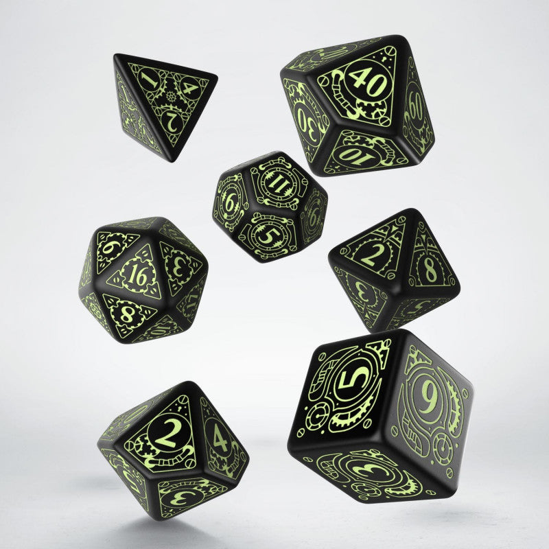 Q Workshop - Steampunk Glow In The Dark RPG Dice Set - Black & White - Good Games