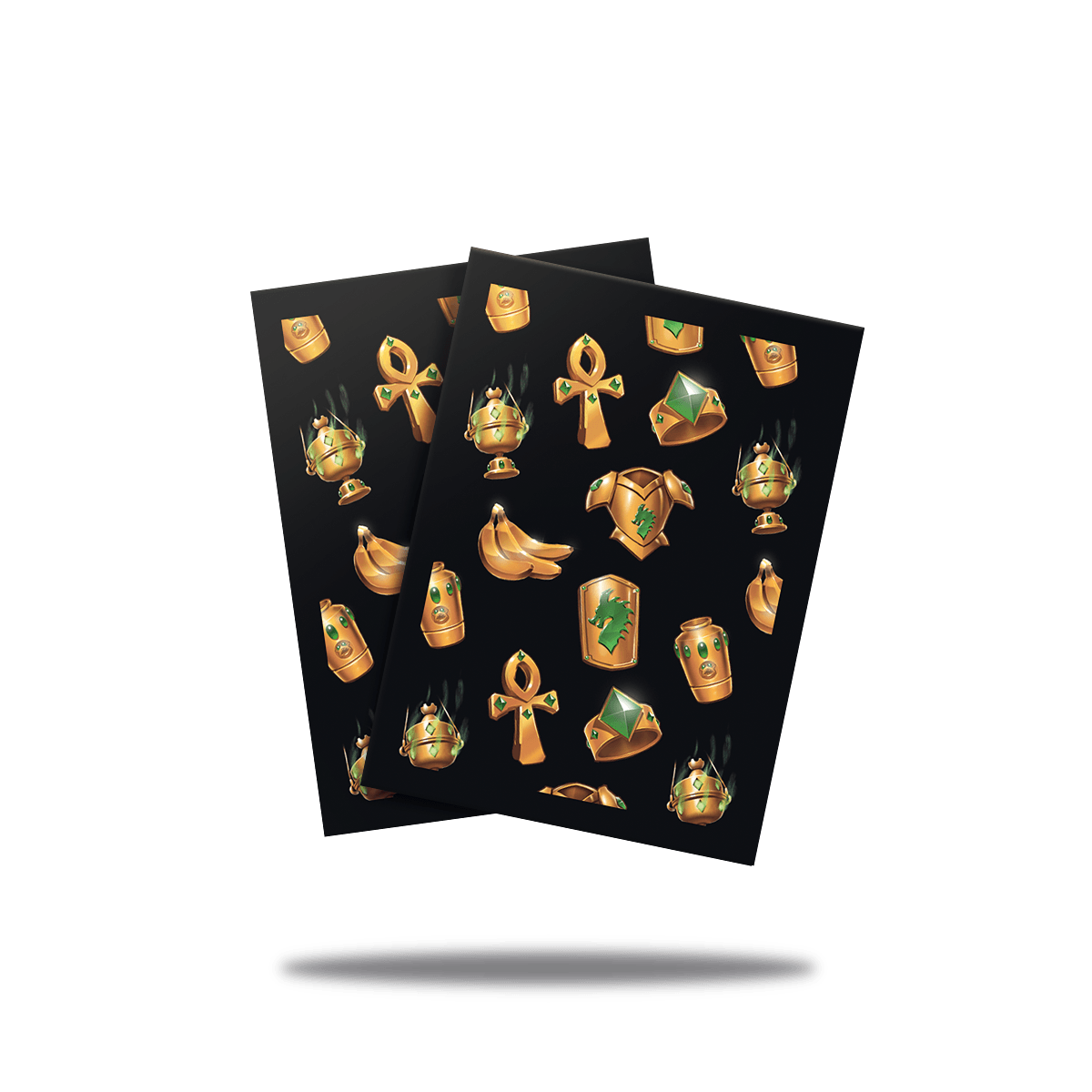 Two black cards display many ornate gold and green fantasy items: ankhs, armor and incense burners