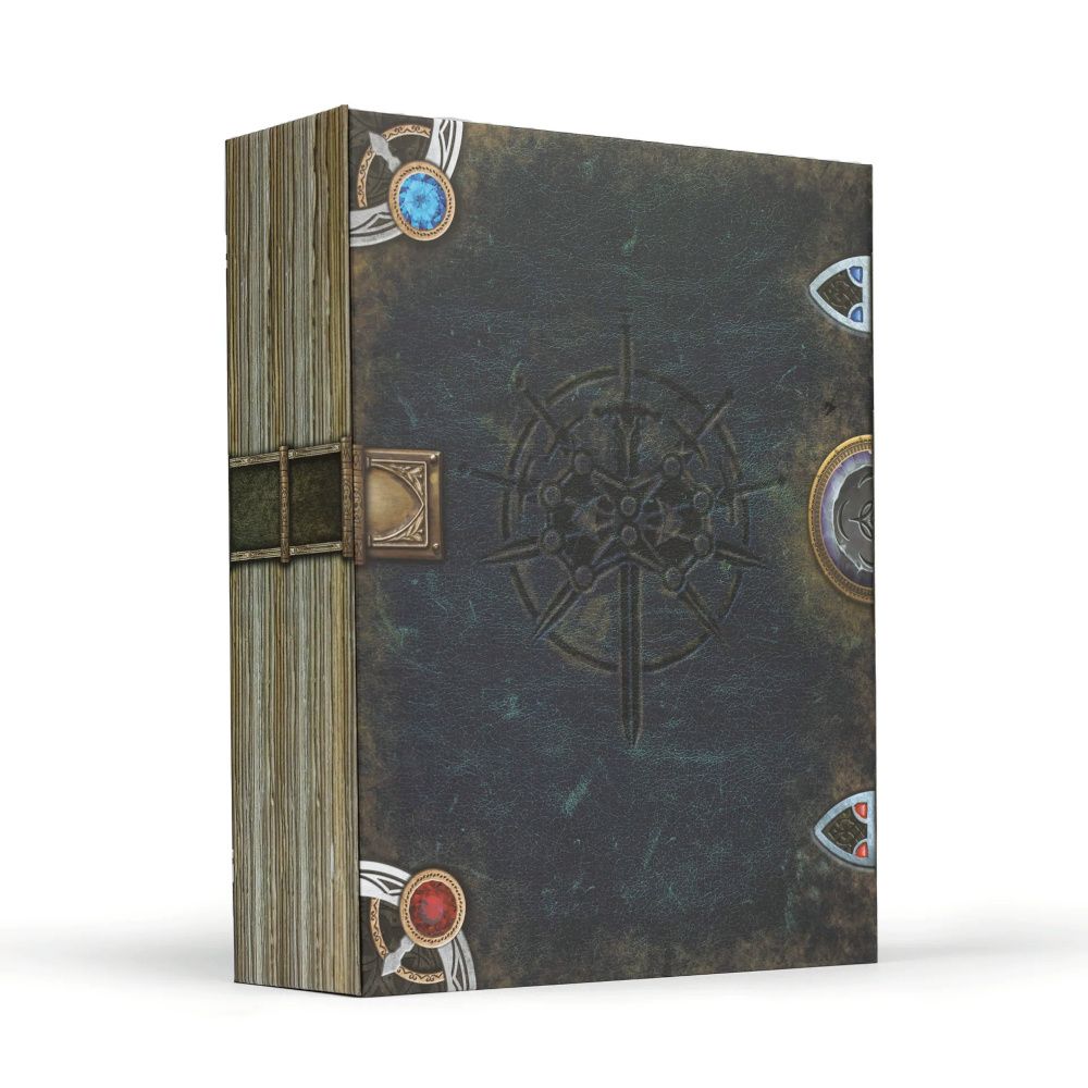 Rear view of "Call to Adventure: The Stormlight Archive" featuring An ancient, dark leather grimoire with a central sword-and-star emblem, jeweled metal corners, and a clasp. Worn, textured cover