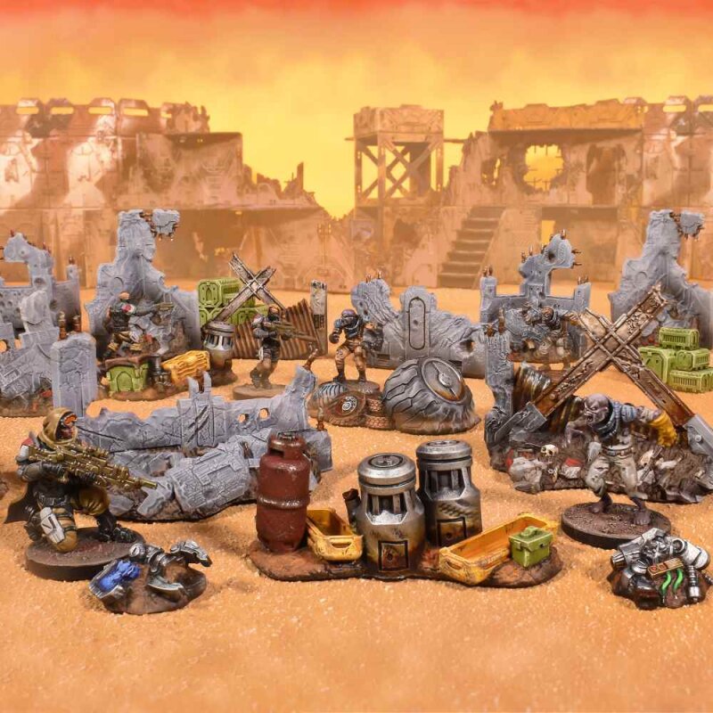 TerrainCrate Deadzone Ruins modular terrain pieces depicting futuristic, damaged urban ruins