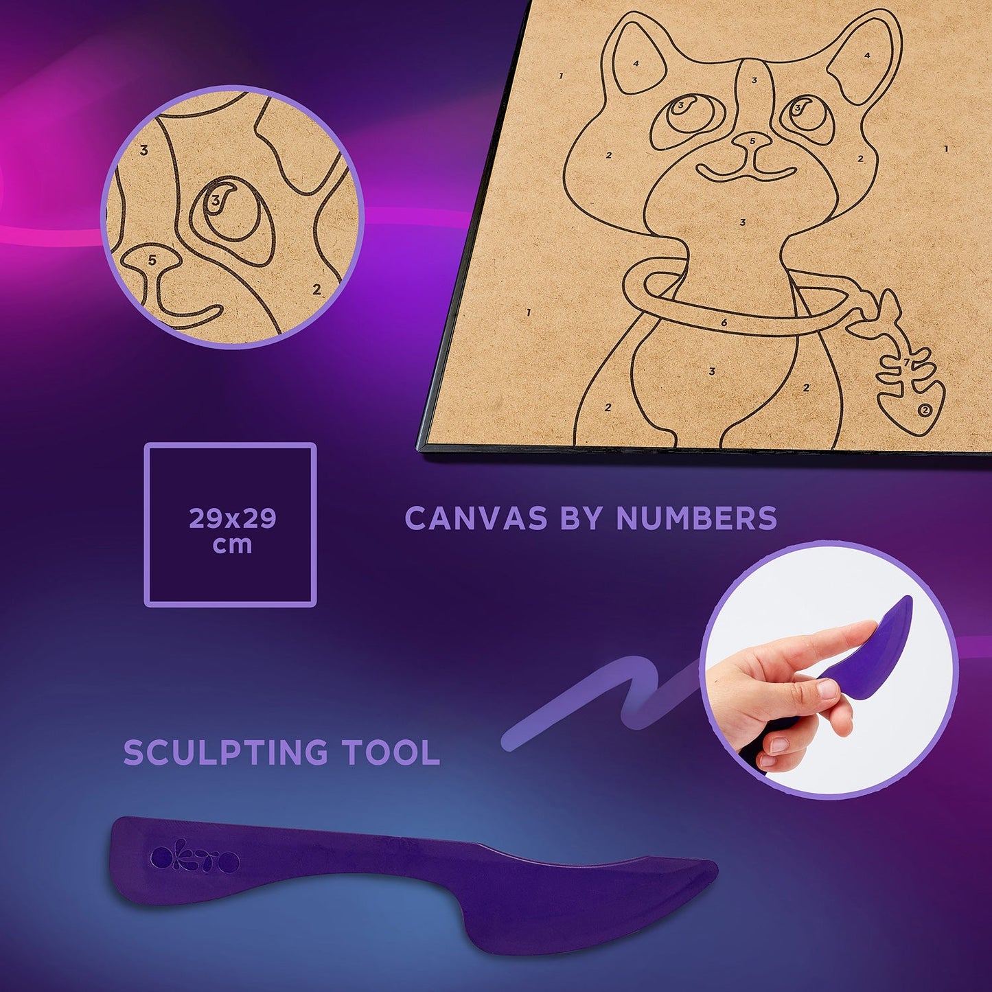 Numbered cat template canvas and a purple sculpting tool for a craft kit