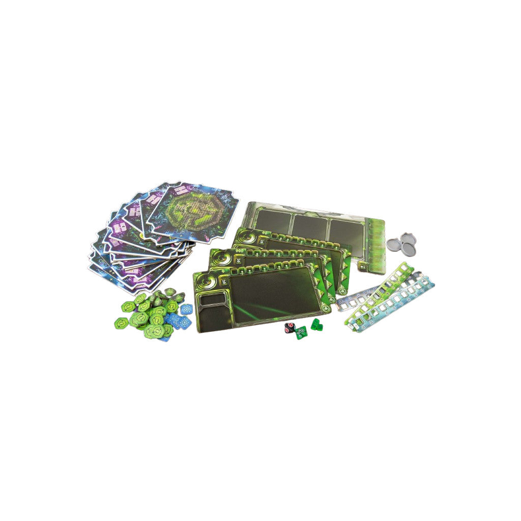 A collection of board game components: dark hexagonal tiles, green player boards, small tokens, dice, and long trackers.