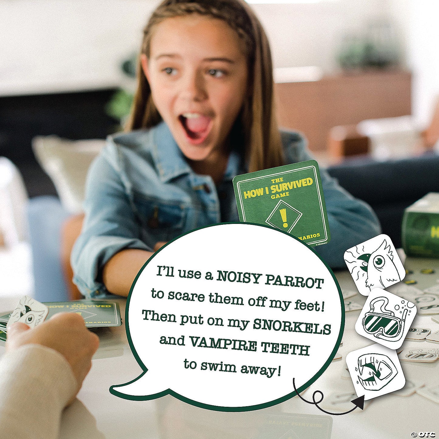 An excited girl plays 'The How I Survived Game,' holding a card a speech bubble details a strategy with parrot, snorkel, & vampire teeth cards