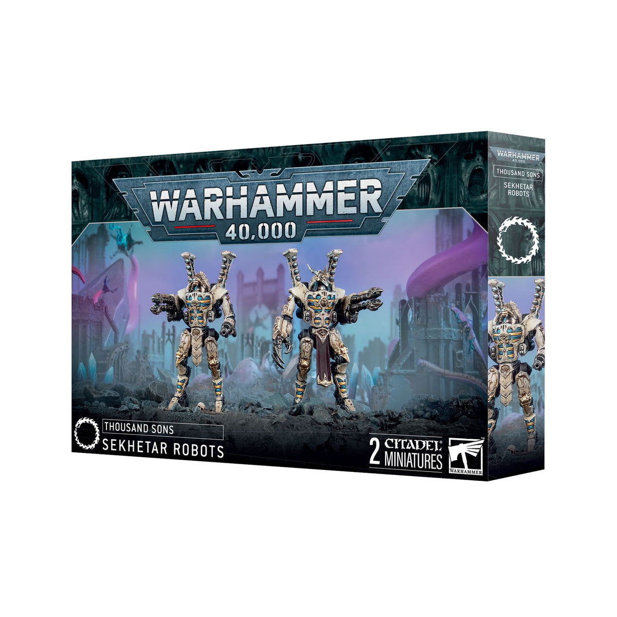 Warhammer 40K Thousand Sons Sekhetar Robots kit box, showing two armed, bone-colored robotic miniatures