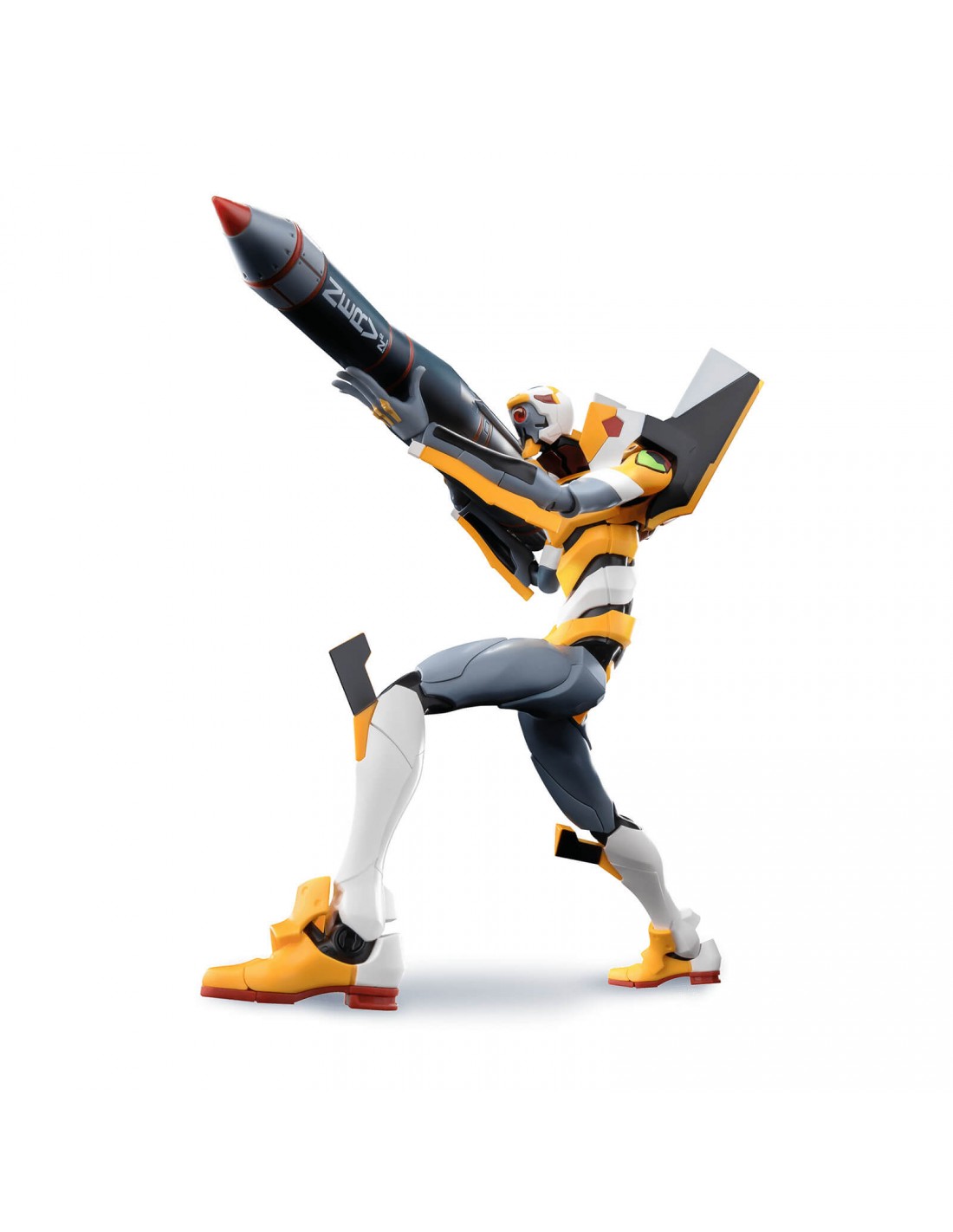 Yellow and gray mecha figure in a dynamic pose, holding a large black rocket launcher aimed upward