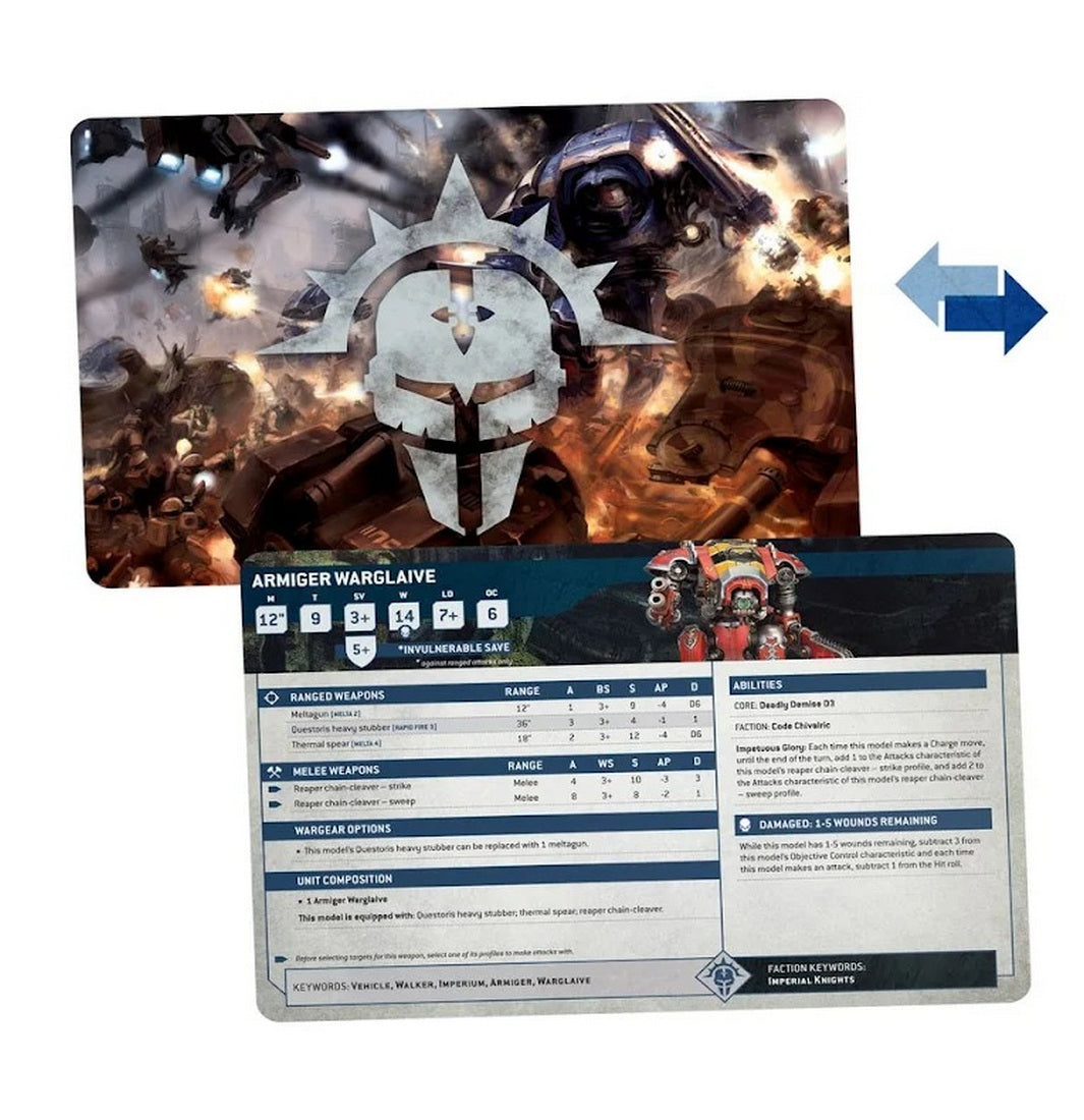 Armiger Warglaive datasheet card detailing unit stats, set against Warhammer 40k battle artwork