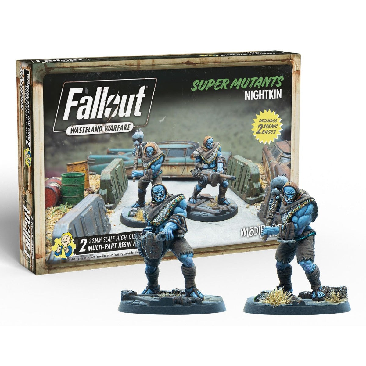 Fallout Super Mutants Nightkin miniatures box with two blue-skinned, hooded mutant figures holding weapons in front.