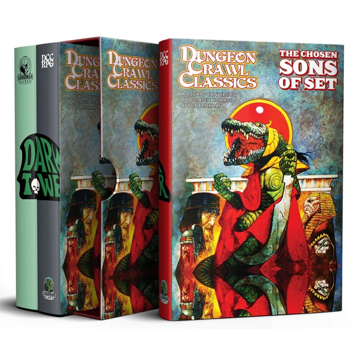 Dungeon Crawl Classics RPG box set, cover: green, crocodile-headed creature in red robes, with "The Chosen Sons of Set"