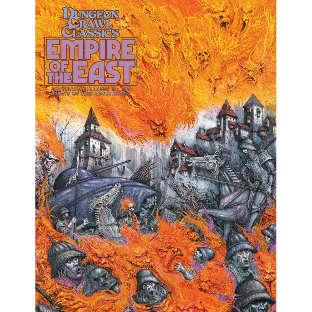 Dungeon Crawl Classics Empire of the East cover: Fiery, monstrous demons assault a medieval city with armored soldiers, a tank, and terrified citizens