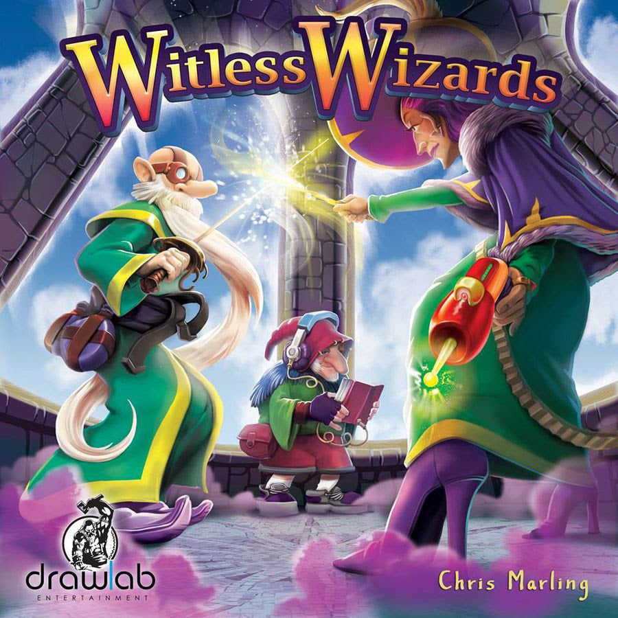 Witless Wizards cover: A wizard fires a ray gun and casts a glowing spell; another holds a sword, and a small one reads