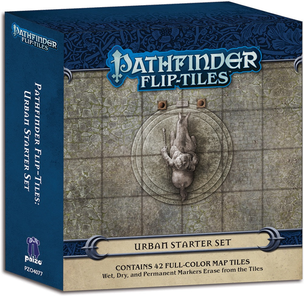 Pathfinder Flip-Tiles: Urban Starter Set box, featuring a stone map tile with a gargoyle fountain