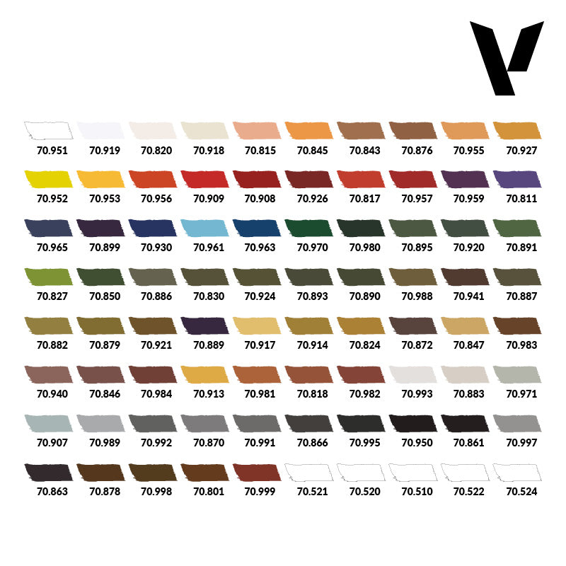 A paint color chart displays many swatches in rows, each with a number and a black V logo is top right