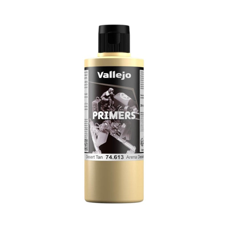 Vallejo Primers Desert Tan (74.613) paint bottle with a black label showing miniature parts
