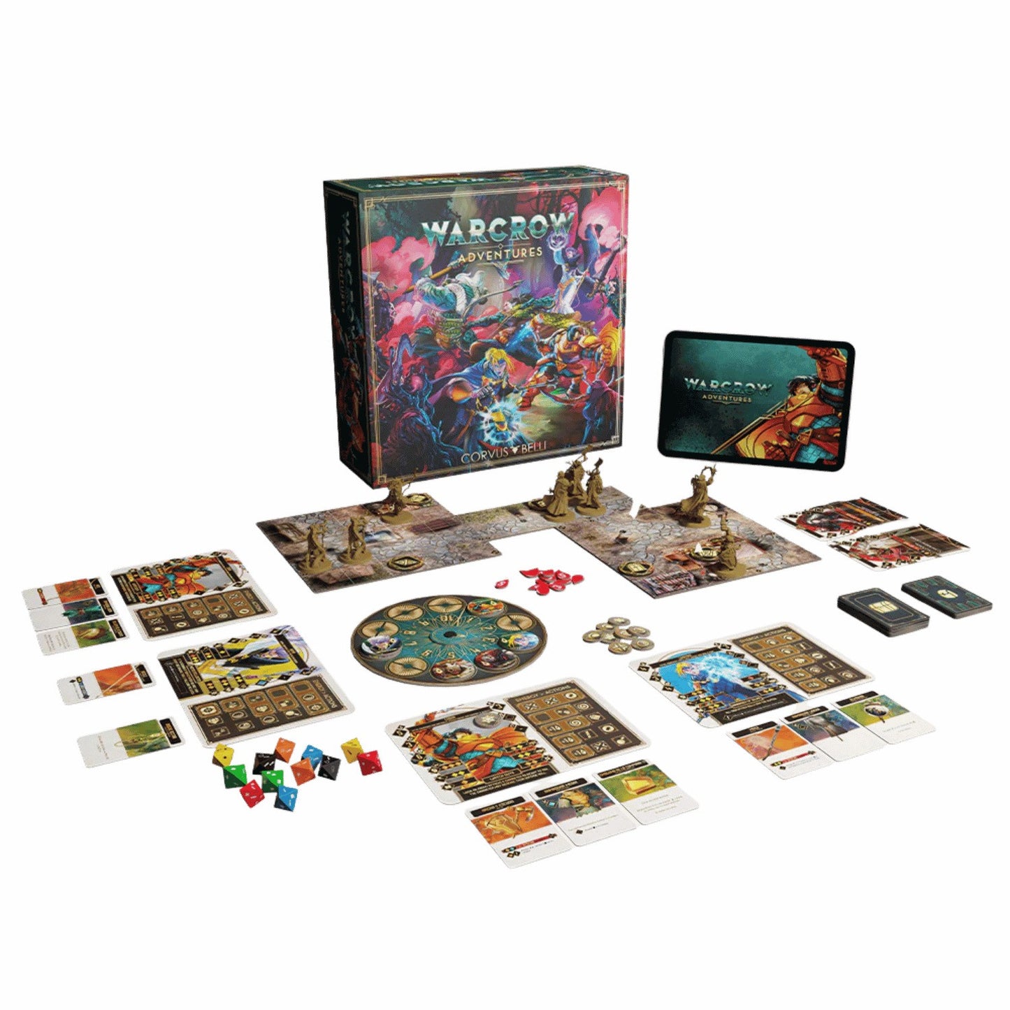 Warcrow Adventures board game components laid out, including the box, miniatures, cards, tiles and dice