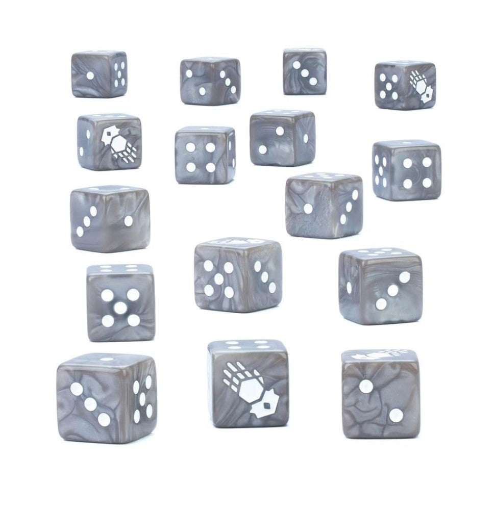 Set of grey marbled D6 dice with white pips and custom symbols scattered on a white background