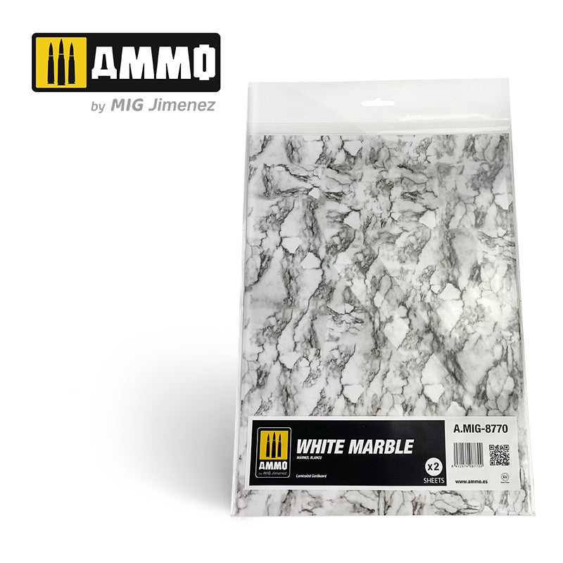 AMMO by MIG Jimenez White Marble sheets with grey veining, packaged in clear plastic