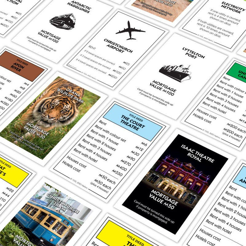 Christchurch Monopoly game board with property title deed cards displayed