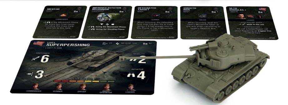 T26E4 Super Pershing tank miniature, its game stats card, and five smaller crew/upgrade cards.