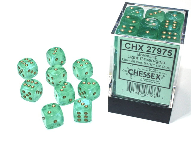 Chessex - Borealis 12mm d6 Light Green/gold Block (36) CHX 27975 - Good Games