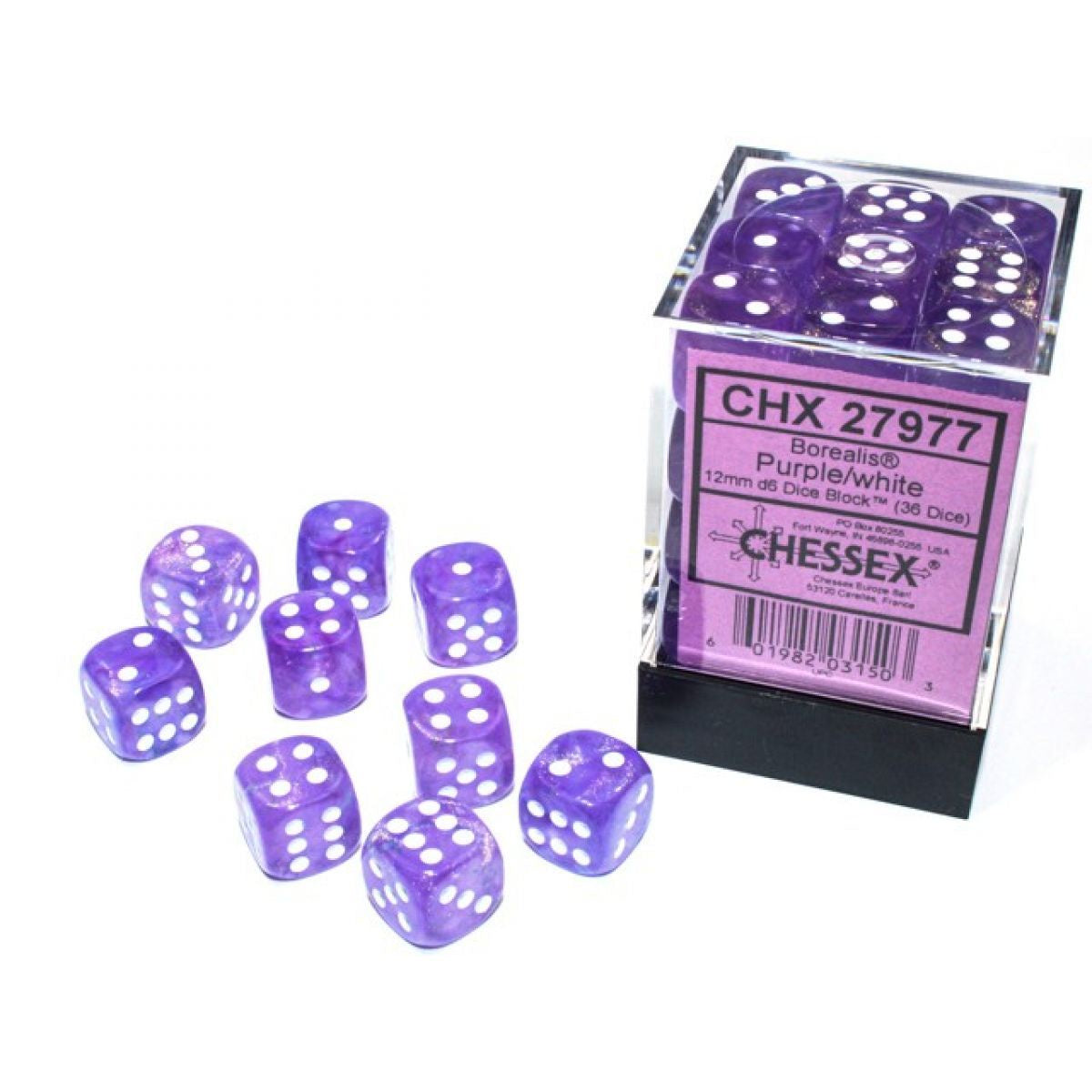 Chessex - Borealis 12mm d6 Purple/white Luminary Block (36) CHX 27977 - Good Games