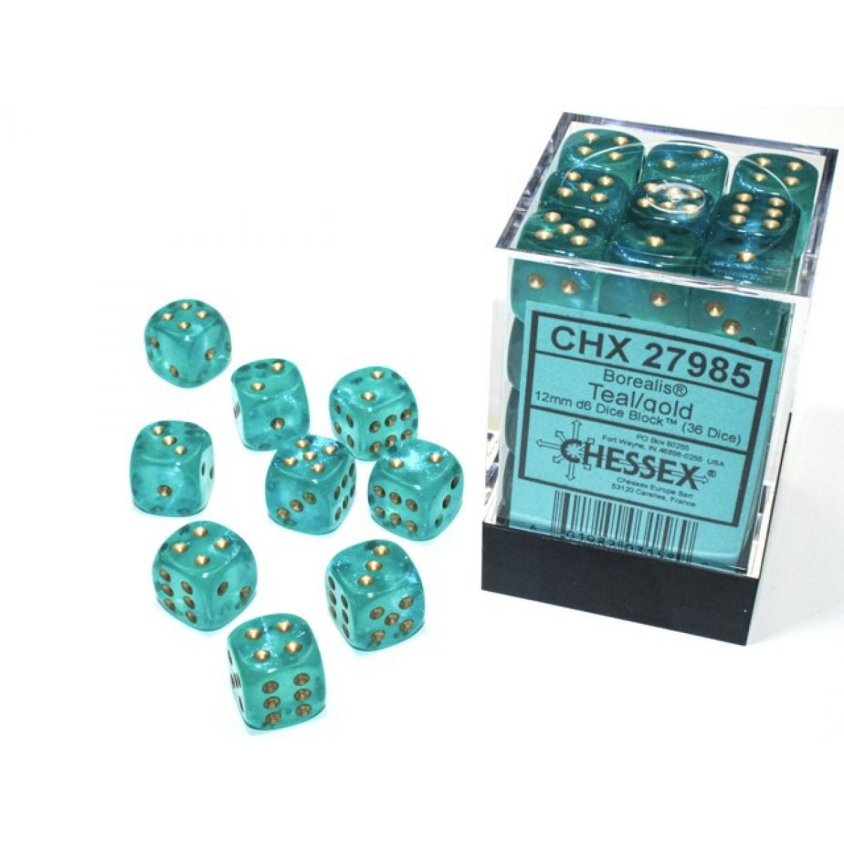 Chessex - Borealis 12mm d6 Teal/gold Luminary Block (36) CHX 27985 - Good Games