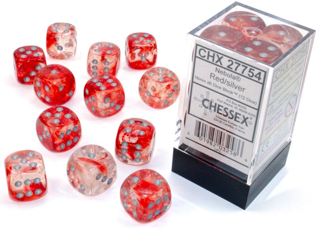 Chessex - Nebula Luminary 16mm 12 Die Set - Red/Silver (CHX 27754) - Good Games