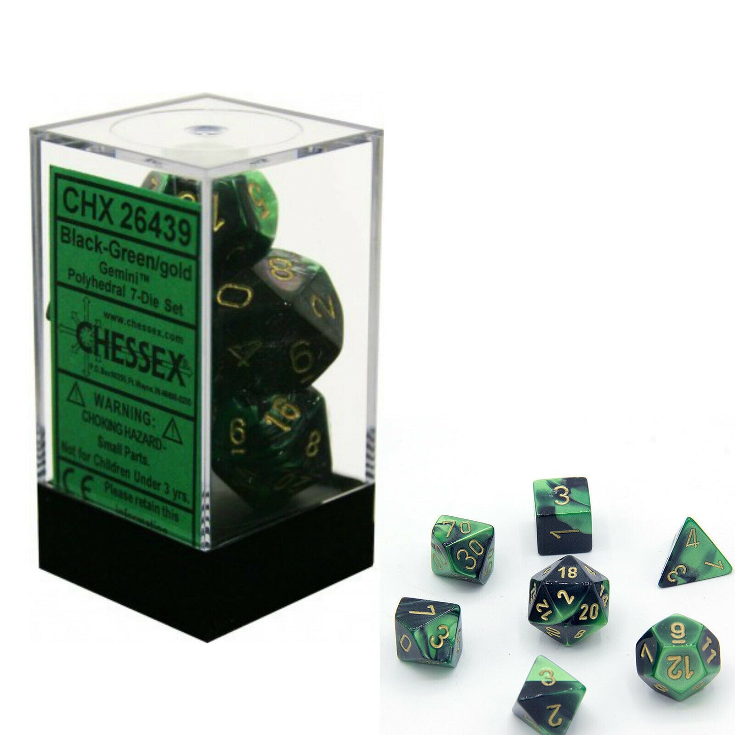 Chessex - Gemini Polyhedral 7-Die Set - Black Green/Gold (CHX26439) - Good Games