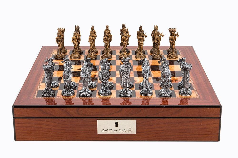 Dal Rossi Italy Walnut Finish Chess Box w/ Lock 16 with Pewter Chessmen - Good Games