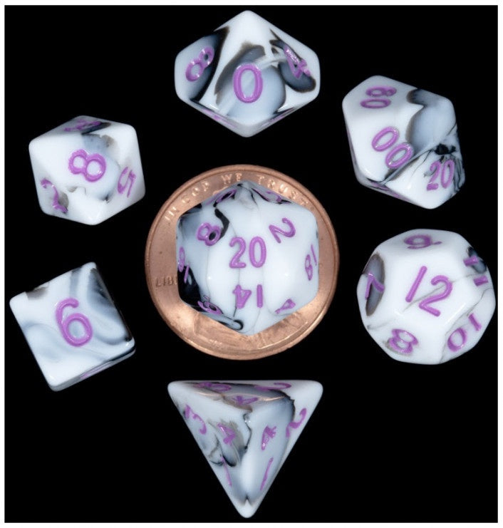 Metallic Dice Games - Mini Polyhedral Dice Set Marble with Purple Numbers