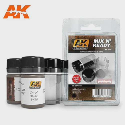 AK Interactive Auxiliaries - Mix N Ready (4 Empty Jars With Labels) - Good Games