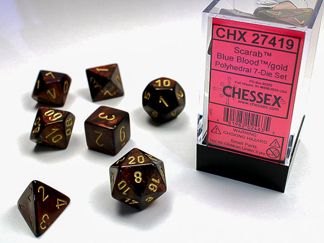 Chessex - Scarab Polyhedral 7-Die Set - Blue Blood/Gold (CHX27419) - Good Games