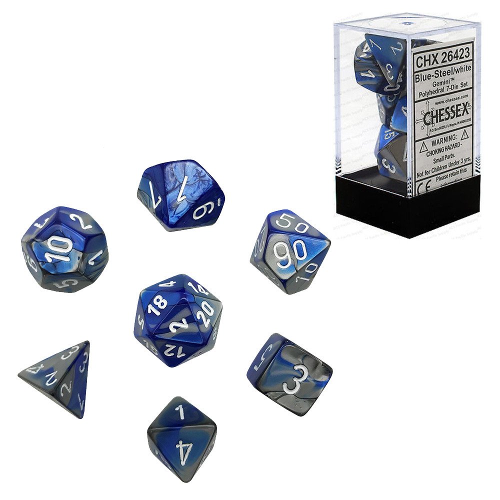 Chessex - Gemini Polyhedral 7-Die Set - Blue Steel/White (CHX26423) - Good Games