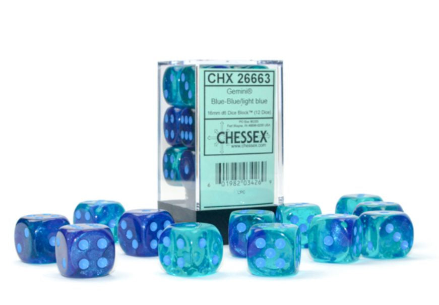 Chessex - Gemini 16mm d6 Blue-Blue/Light Blue Luminary Block - CHX 26663 (12) - Good Games