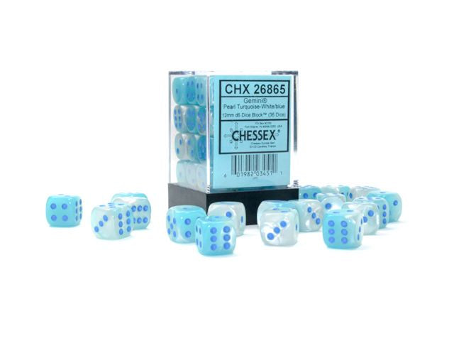 Chessex - Gemini 12mm d6 Pearl Turquoise-White/Blue Luminary Block - CHX 26865 (36) - Good Games