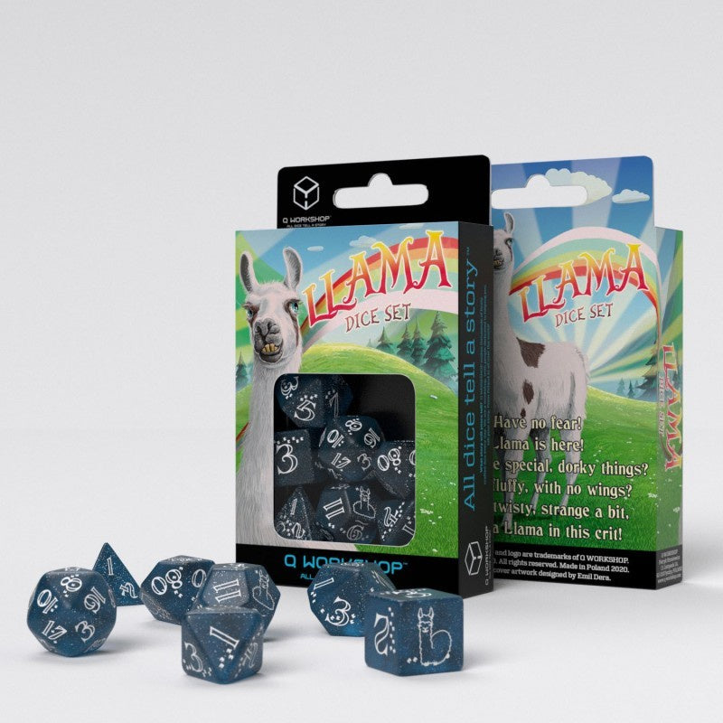 Q Workshop - Llama Glittering Dark Blue and White Dice Set 7 - Good Games