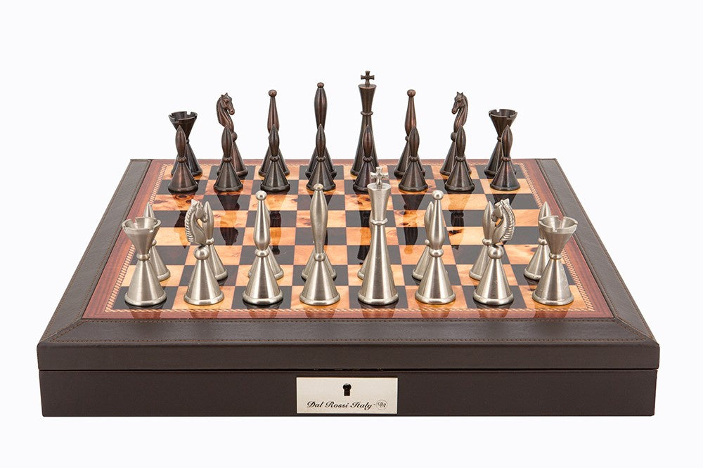 Dal Rossi Chess Set Brown PU Leather Bevilled Edge 18 with Staunton Metal Chessmen - Good Games