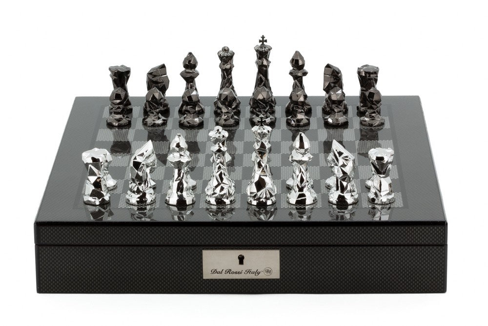 Dal Rossi Italy Chess Set with Diamond-Cut Titanium & Silver 85mm Chessmen on a Carbon Fibre Shiny Finish Chess Box 16 with compartments - Good Games