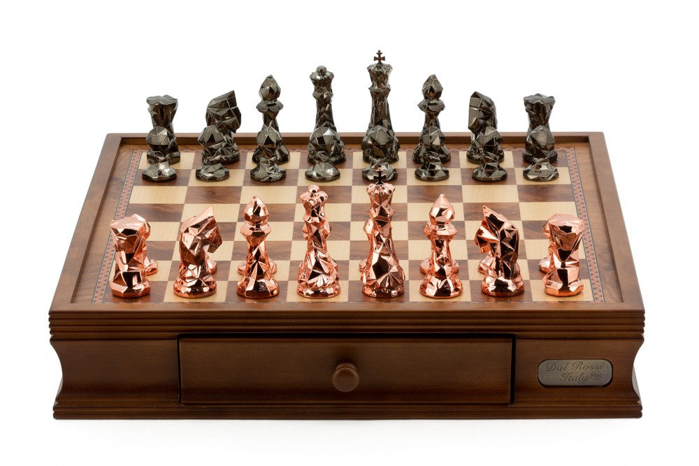 Dal Rossi Italy Chess Set with Diamond-Cut Copper & Bronze 85mm chessmen on a Walnut Finish Chess Box 16 with Drawers - Good Games