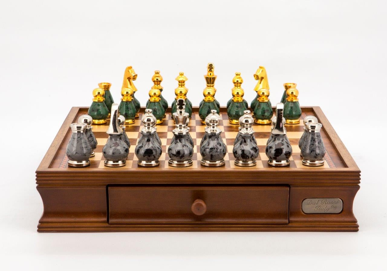 Dal Rossi Italy Chess Set Walnut Finish 16? w/ Drawers Gray/Silver and Green/Gold Metal Pieces 90mm - Good Games