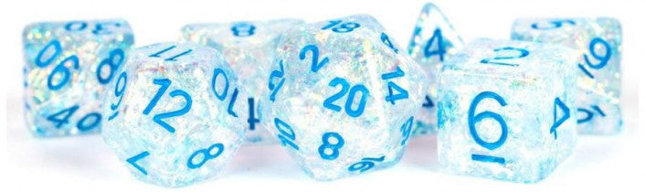 Metallic Dice Games - resin Flash Dice Set 16mm Polyhedral - Clear withLight Blue Numbers - Good Games