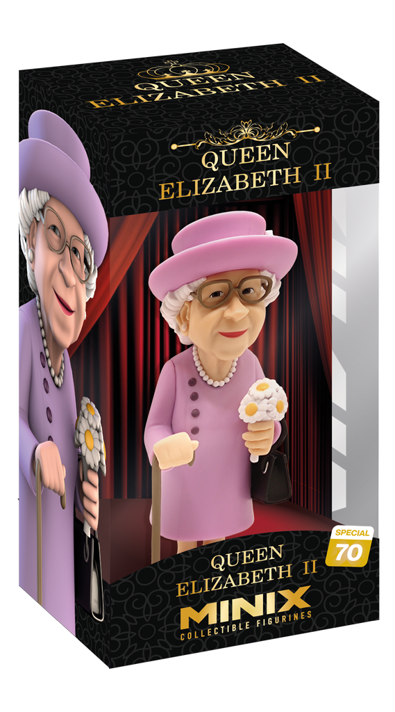 Minix Queen Elizabeth II collectible figurine in pink dress with hat holding flowers and handbag displayed in commemorative box