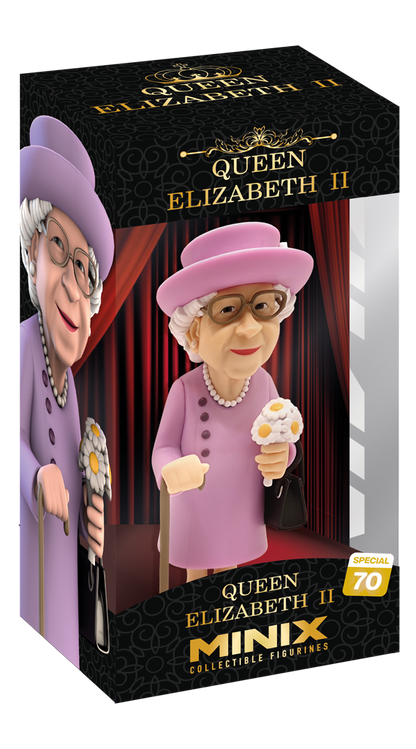 Minix Queen Elizabeth II collectible figurine in pink dress with hat holding flowers and handbag displayed in commemorative box