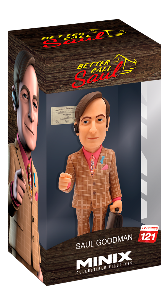 Minix Better Call Saul Saul Goodman collectible figurine wearing a brown plaid suit pink shirt and colorful tie presented in a window display box