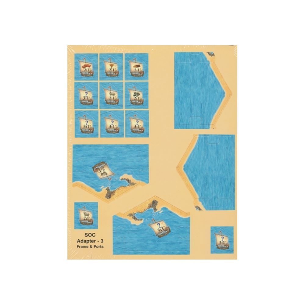Catan 'Frame & Ports' expansion sheet: port tokens with ships (2:1, 3:1) and blue water frame sections