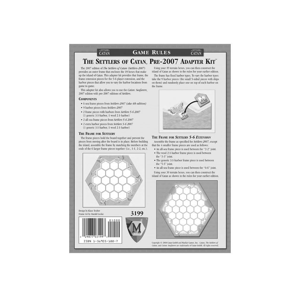 Settlers of Catan Pre-2007 Adapter Kit rule sheet with diagrams showing assembly of hexagonal game boards and sea frames